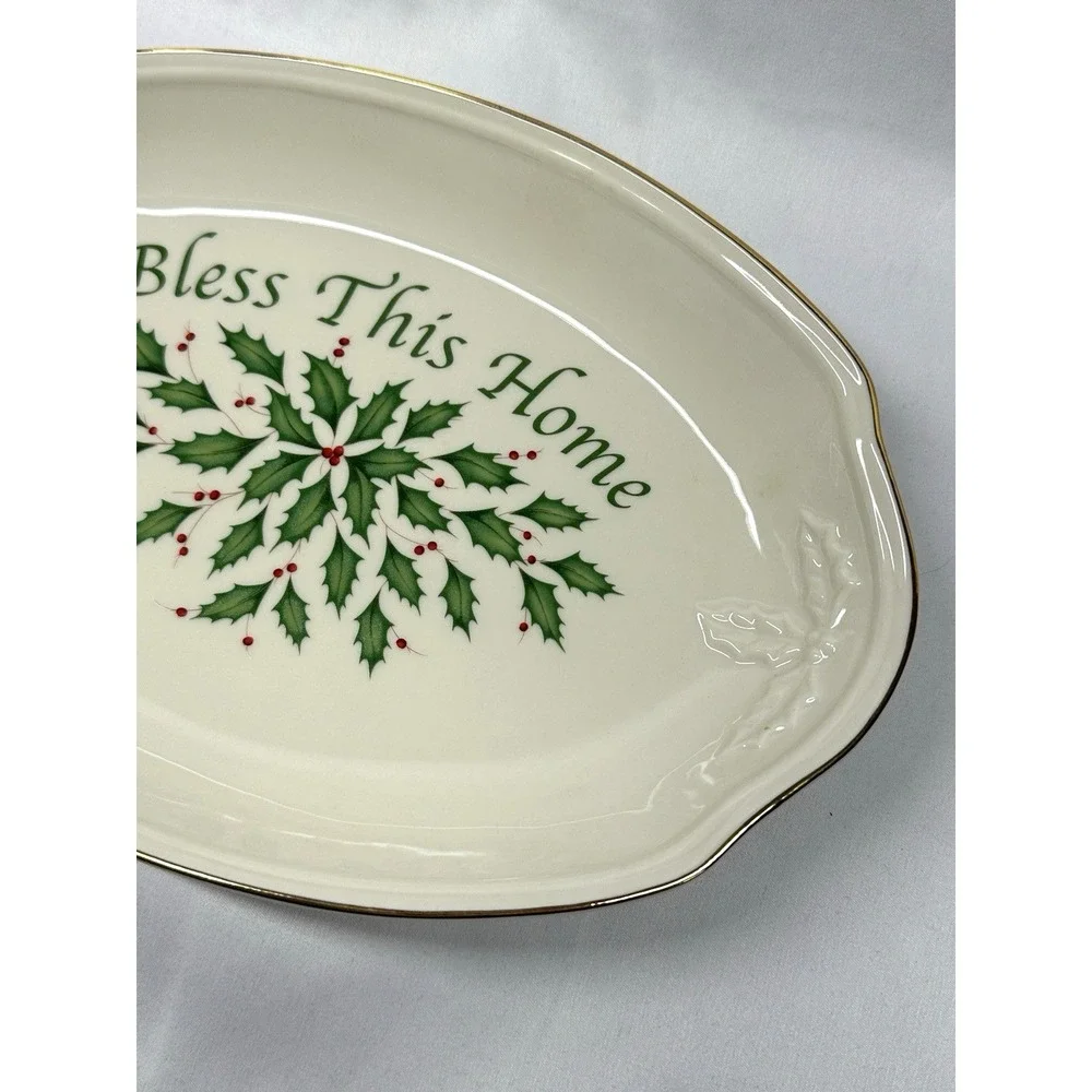 Lenox Holiday Bless This Home Tray Serving Dish-Dimension Collection-Holly Berry